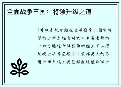 全面战争三国：将领升级之道